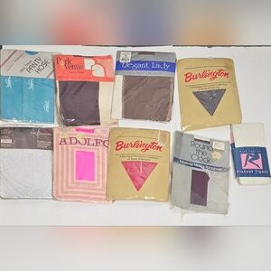 VTG NYLON STOCKINGS HOSIERY LOT OF 9 NYLONS Fish Net Neon Sheer Teal Blue Size M